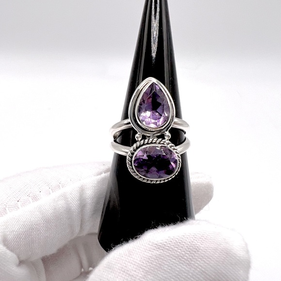 Genuine Faceted Amethyst Oval & Tear Drop .925 Sterling Silver Ring - Picture 5 of 17